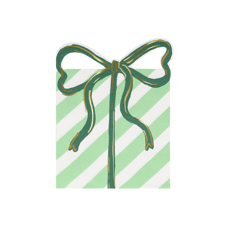 Green and white gift napkin with bow for birthday from Parte Haus party supply store in Bethesda Maryland