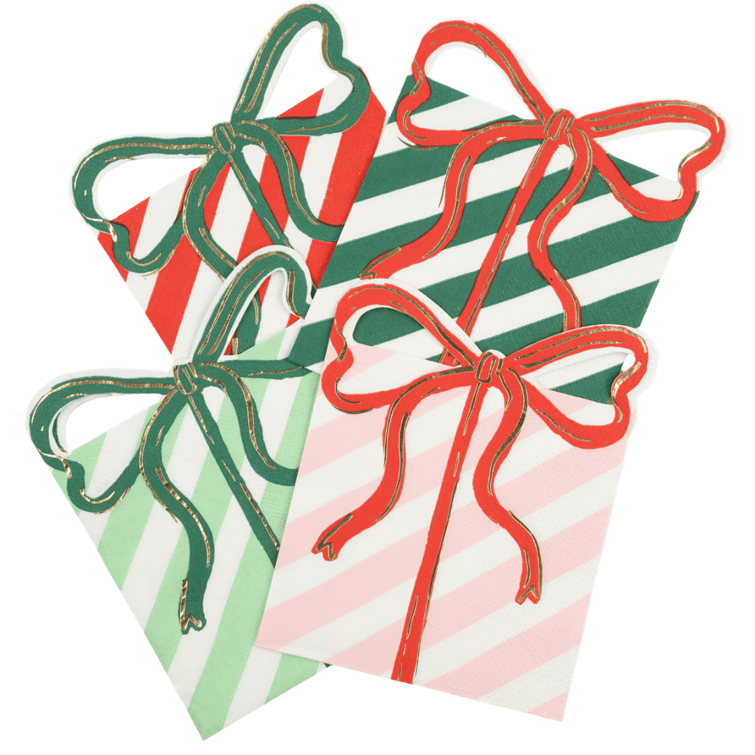 Red green and pink striped gift bow napkins Christmas theme from Parte Haus party supply store in Bethesda Maryland
