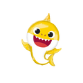 Yellow Baby Shark foil balloon cartoon character Birthday theme from Parte Haus party supply store in Bethesda MD
