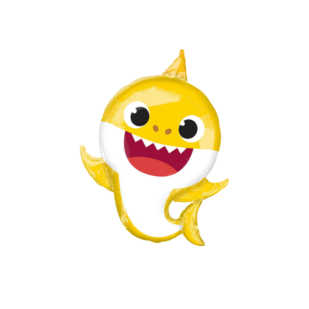 Yellow Baby Shark foil balloon cartoon character Birthday theme from Parte Haus party supply store in Bethesda MD