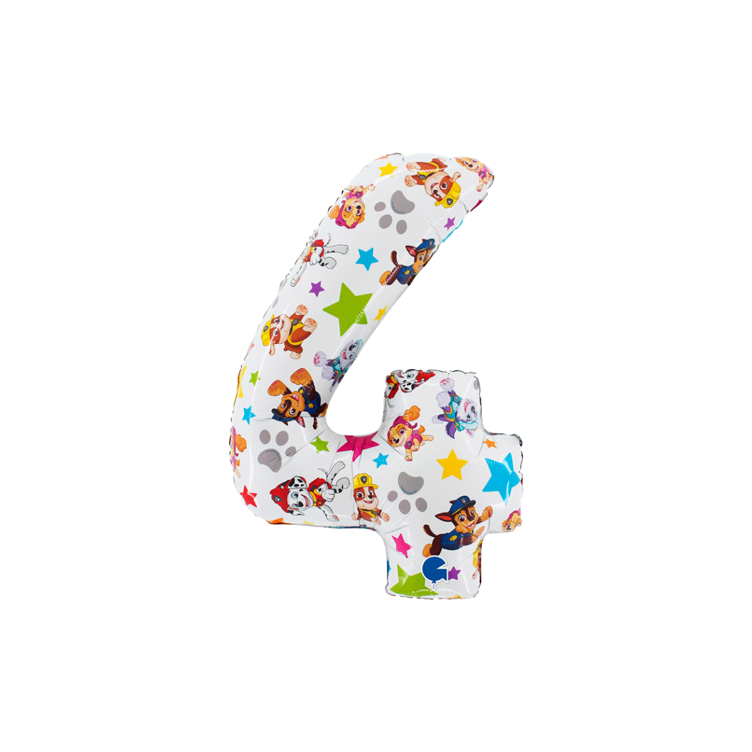 White Paw Patrol number four foil balloon with colorful stars birthday theme from Parte Haus party supply store in Bethesda Maryland