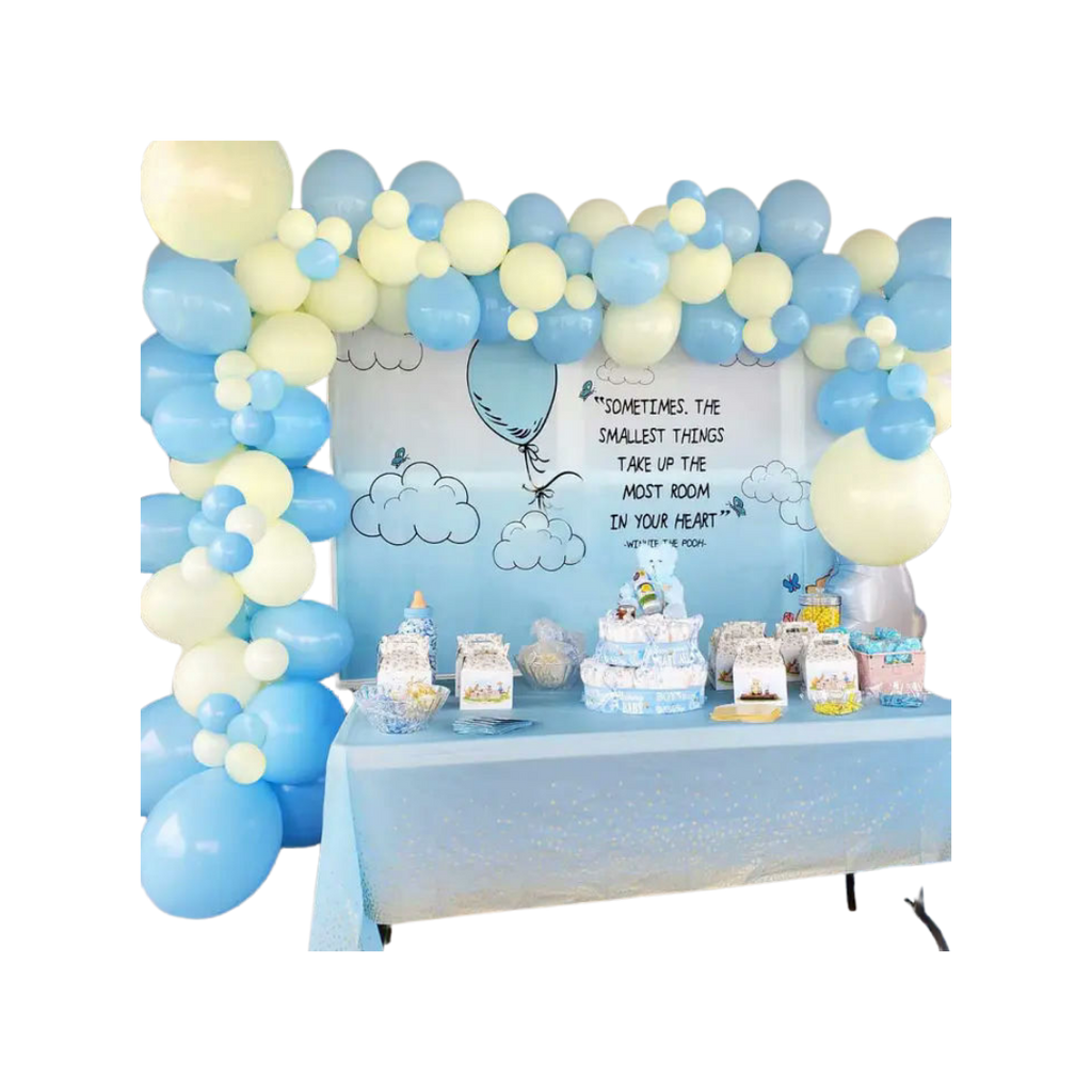 Blue and yellow balloon arch baby shower table display with backdrop from Parte Haus party supply store in Bethesda Maryland
