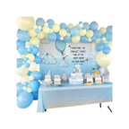 Blue and yellow balloon arch baby shower table display with backdrop from Parte Haus party supply store in Bethesda Maryland