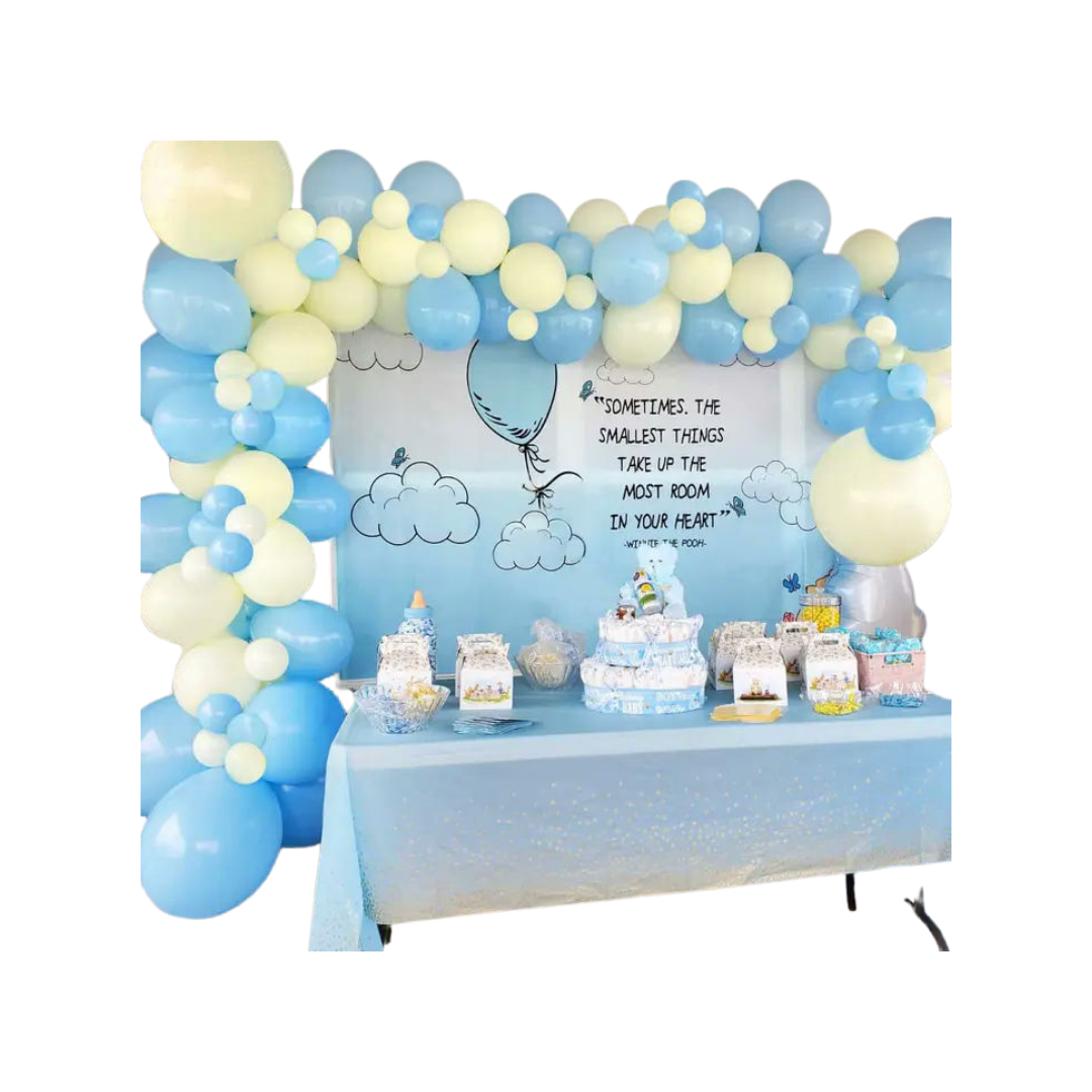 Blue and yellow balloon arch baby shower table display with backdrop from Parte Haus party supply store in Bethesda Maryland