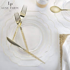 Gold clear plastic plates and cutlery elegant tableware for wedding from Parte Haus party supply store in Bethesda MD