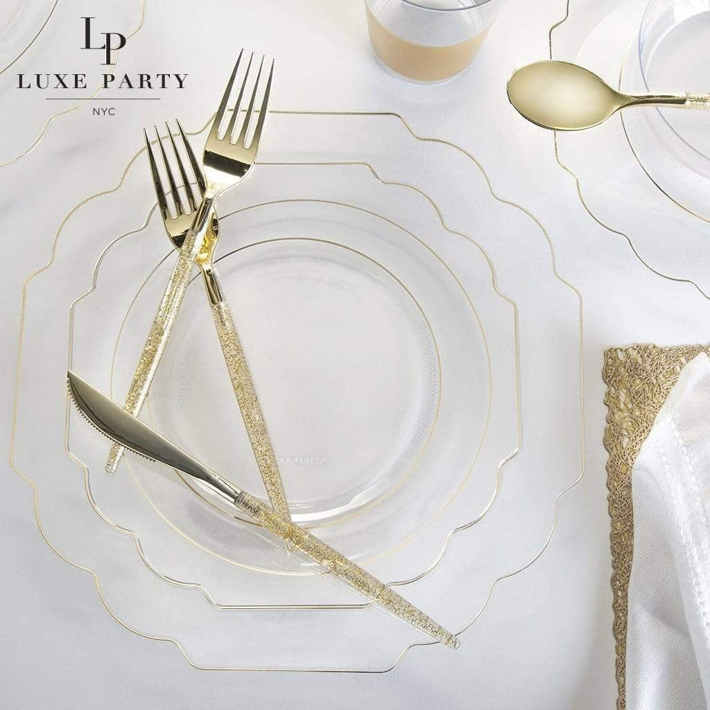 Gold clear plastic plates and cutlery elegant tableware for wedding from Parte Haus party supply store in Bethesda MD