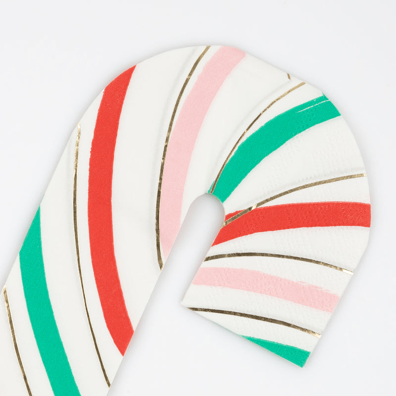 Red green pink and gold candy cane shaped napkin for Christmas from Parte Haus party supply store in Bethesda MD