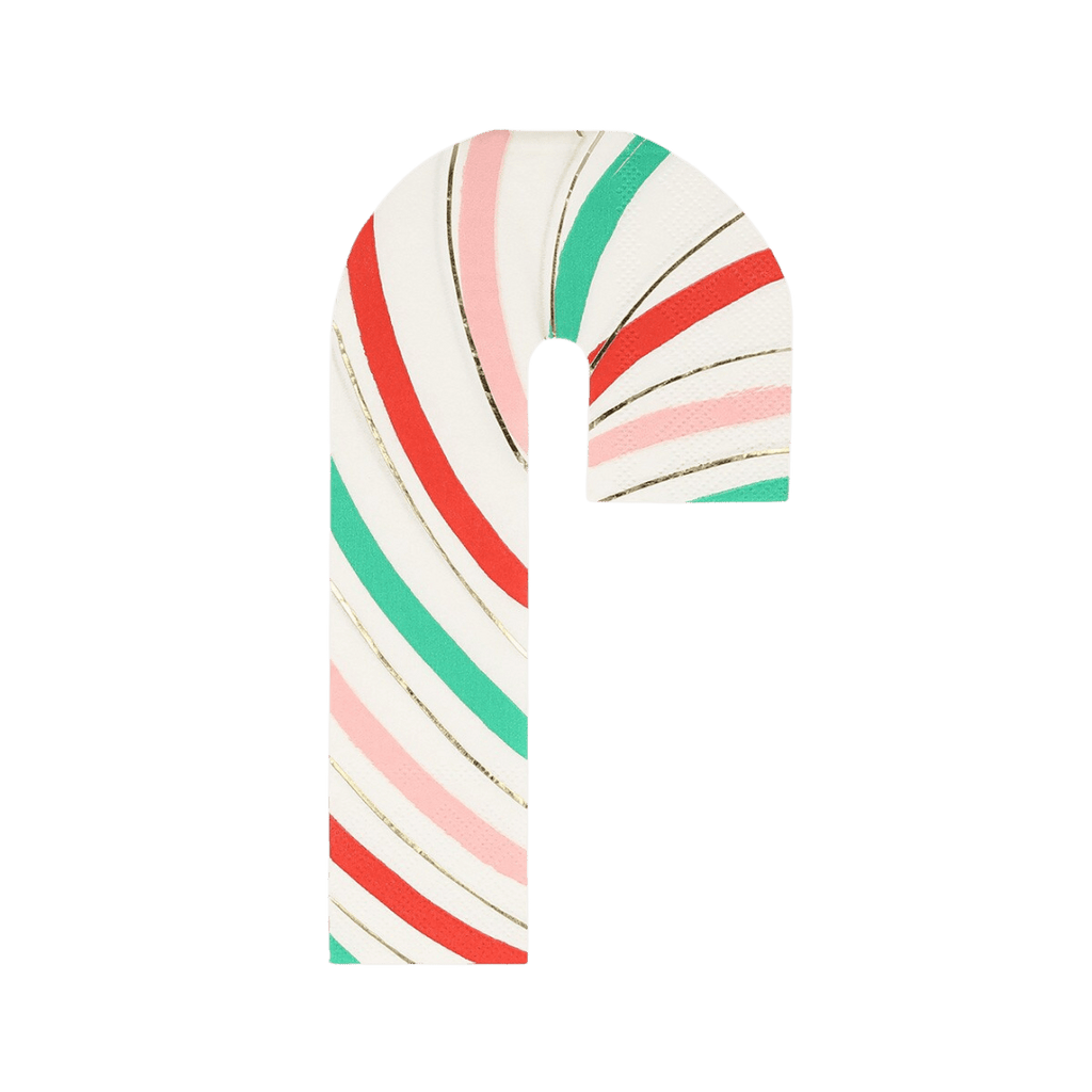 Red green and pink candy cane napkin with gold accents for Christmas from Parte Haus party supply store in Bethesda MD
