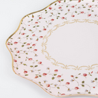 Pink floral plate with gold trim elegant tableware for tea party from Parte Haus party supply store in Bethesda Maryland