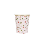 Pink floral paper cup with gold rim for garden party from Parte Haus party supply store in Bethesda MD