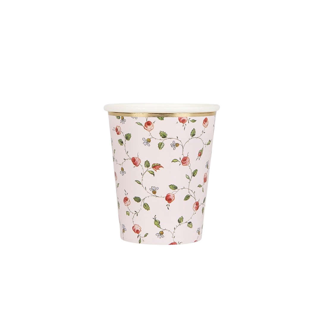 Pink floral paper cup with gold rim for garden party from Parte Haus party supply store in Bethesda MD