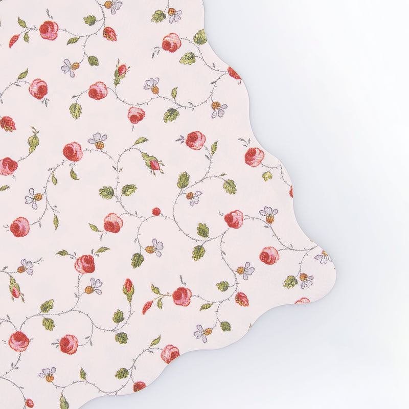 Pink floral scalloped edge plate with red roses and green leaves for a tea party from Parte Haus party supply store in Bethesda MD