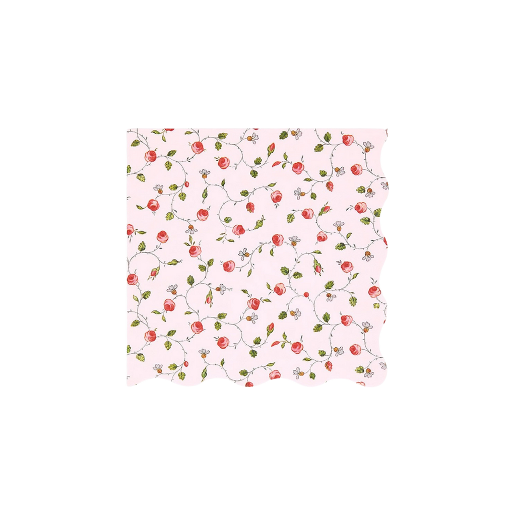 Pink floral napkin with rose design elegant scalloped edge for tea party from Parte Haus party supply store in Bethesda MD
