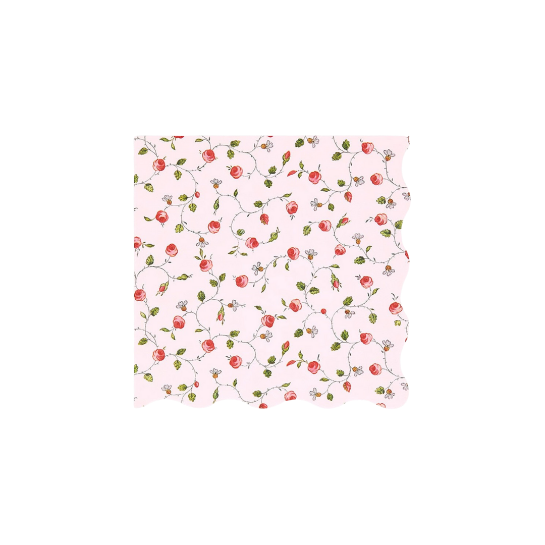 Pink floral napkin with rose design elegant scalloped edge for tea party from Parte Haus party supply store in Bethesda MD