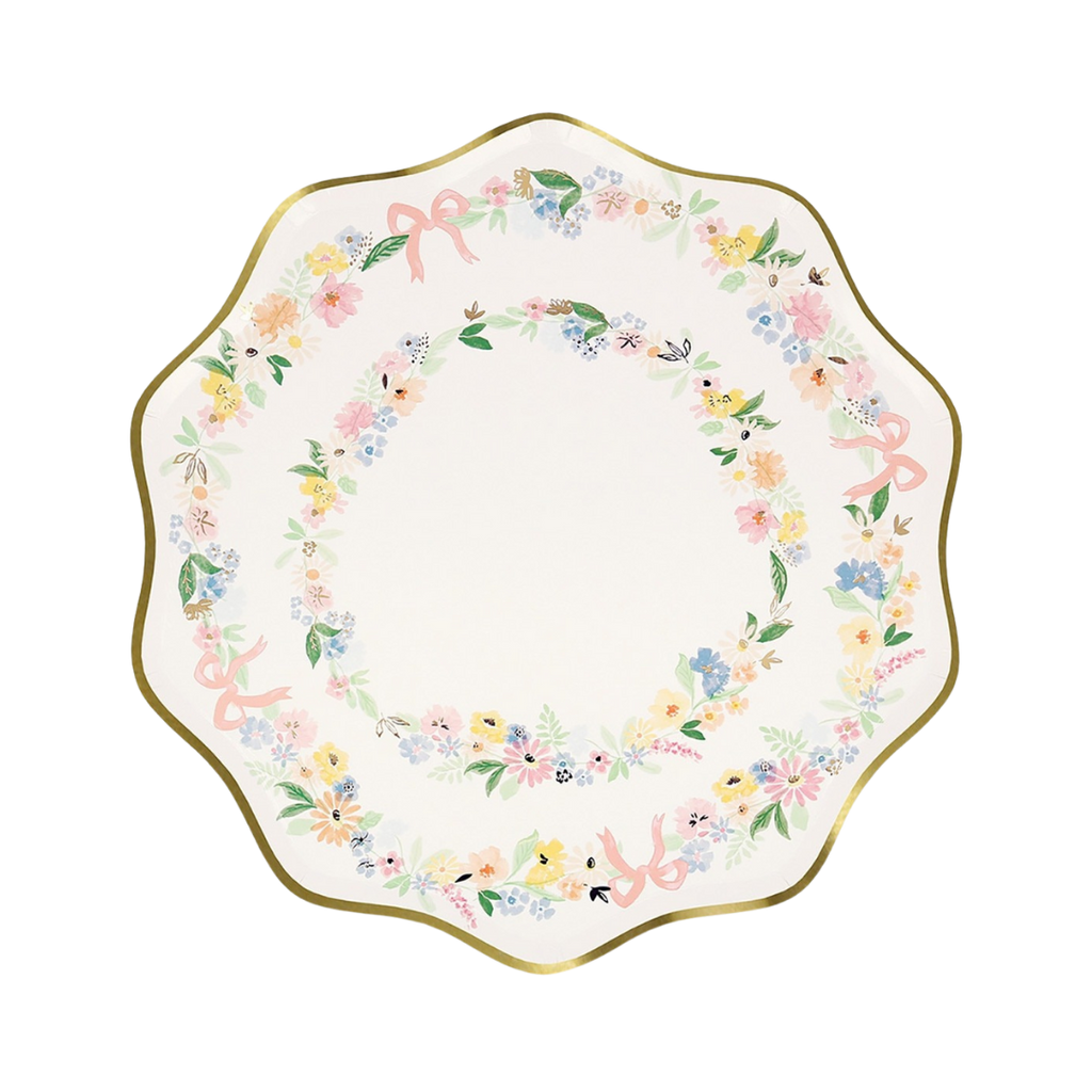 Pastel floral scalloped plate with gold trim for spring event from Parte Haus party supply store in Bethesda Maryland