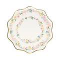 Pastel floral scalloped plate with gold trim for spring event from Parte Haus party supply store in Bethesda Maryland