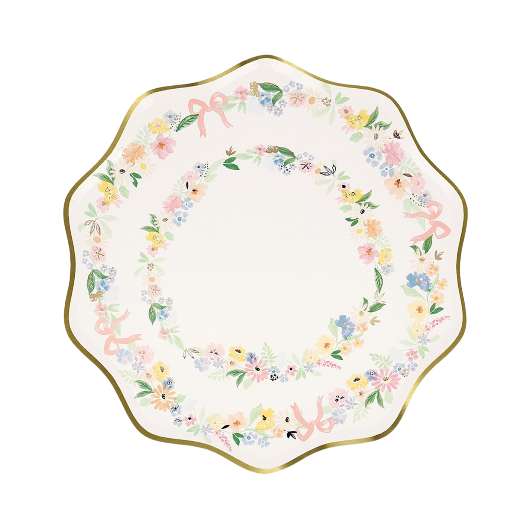 Pastel floral scalloped plate with gold trim for spring event from Parte Haus party supply store in Bethesda Maryland