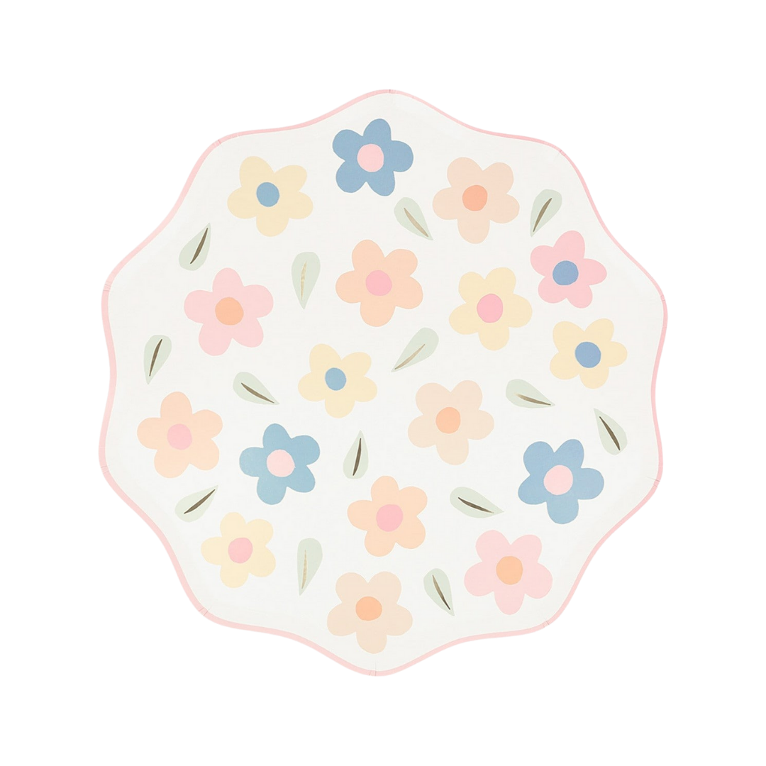 Pastel floral paper plate with scalloped edge spring theme from Parte Haus party supply store in Bethesda Maryland
