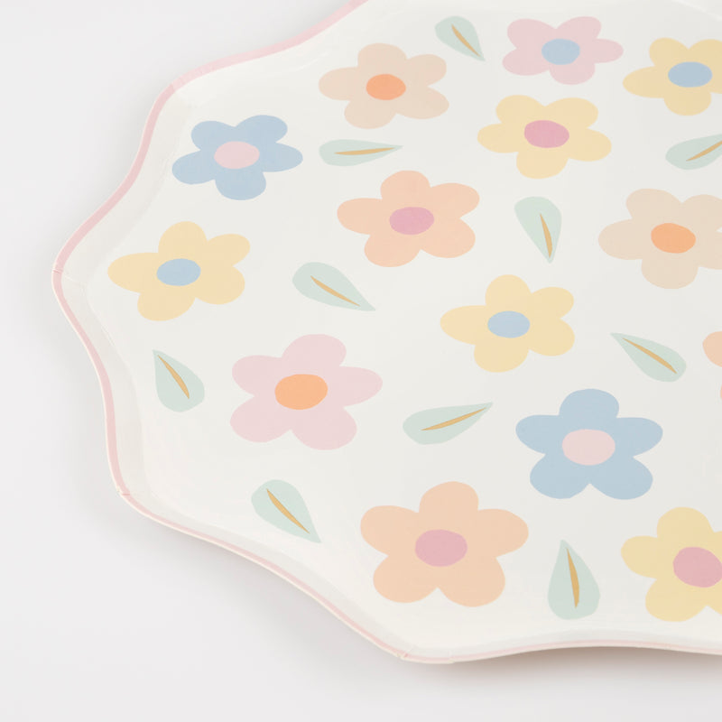 Pastel floral paper plate with wavy edge for spring birthday from Parte Haus party supply store in Bethesda MD