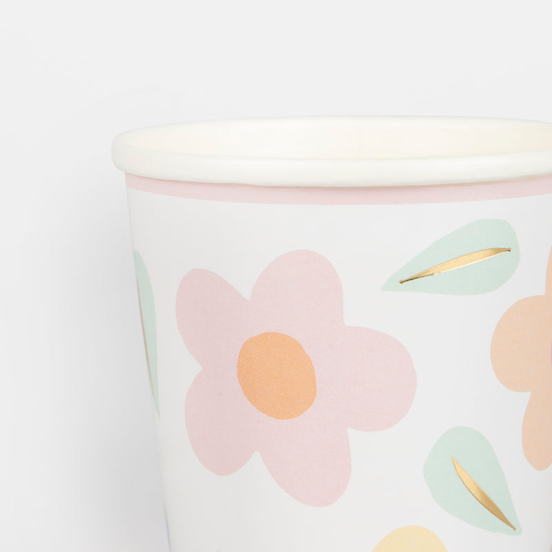 Pastel floral paper cup with gold leaves for spring from Parte Haus party supply store in Bethesda MD