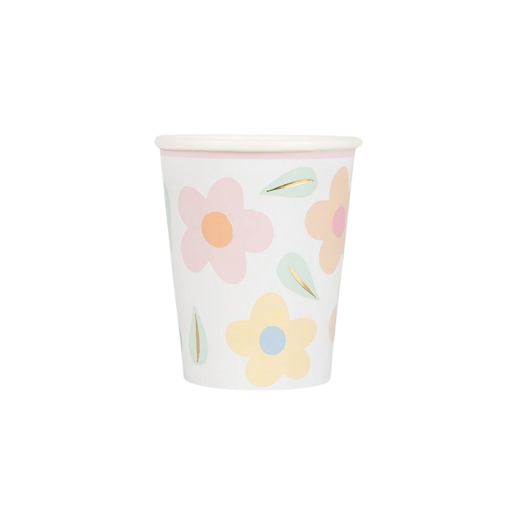 Pastel floral paper cup with pink yellow and blue flowers spring theme from Parte Haus party supply store in Bethesda MD