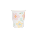 Pastel floral paper cup with pink yellow and blue flowers spring theme from Parte Haus party supply store in Bethesda MD