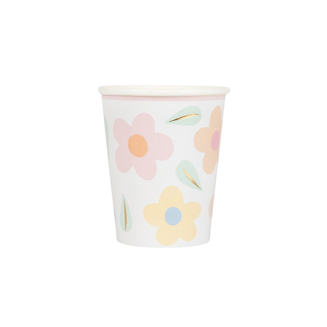 Pastel floral paper cup with pink yellow and blue flowers spring theme from Parte Haus party supply store in Bethesda MD