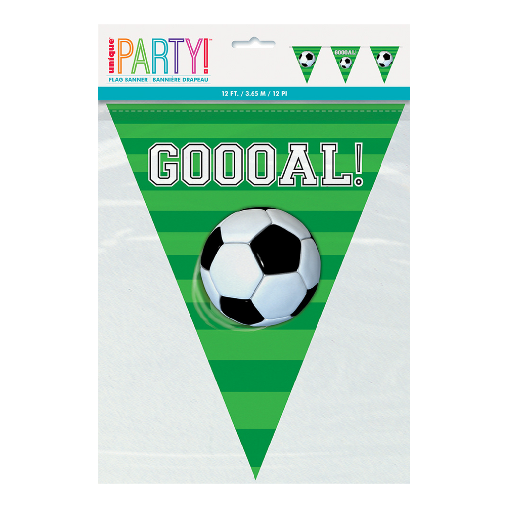 Green soccer flag banner with soccer ball and GOOOAL print for sports birthday from Parte Haus party supply store in Bethesda MD.