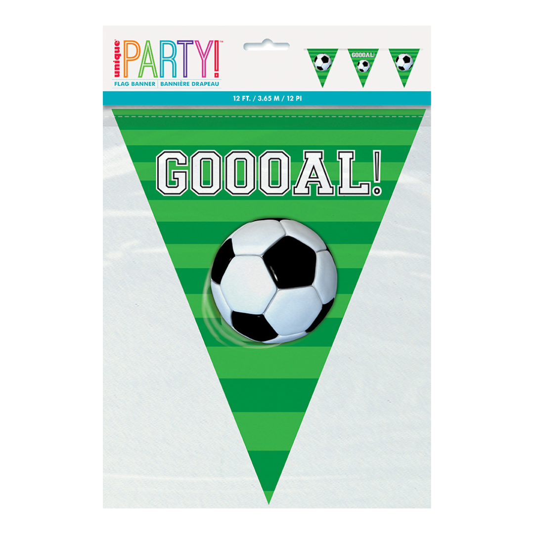 Green soccer flag banner with soccer ball and GOOOAL print for sports birthday from Parte Haus party supply store in Bethesda MD.