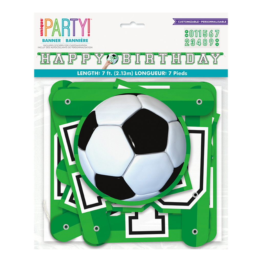 Green soccer happy birthday banner with soccer ball design for sports birthday from Parte Haus party supply store in Bethesda Maryland