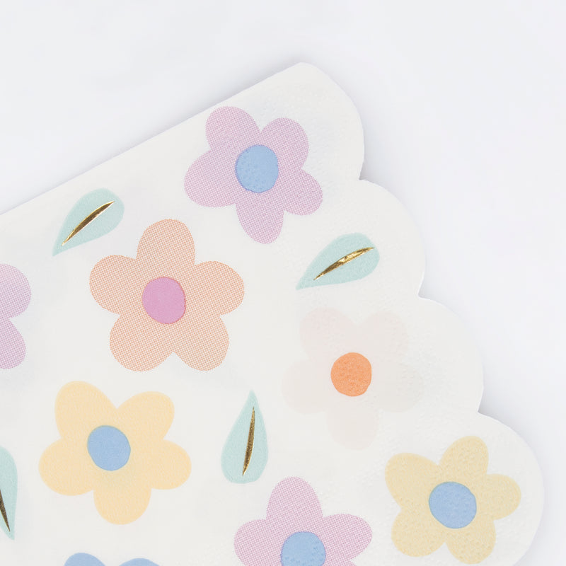 Pastel floral paper napkin with gold accents for spring celebration from Parte Haus party supply store in Bethesda MD
