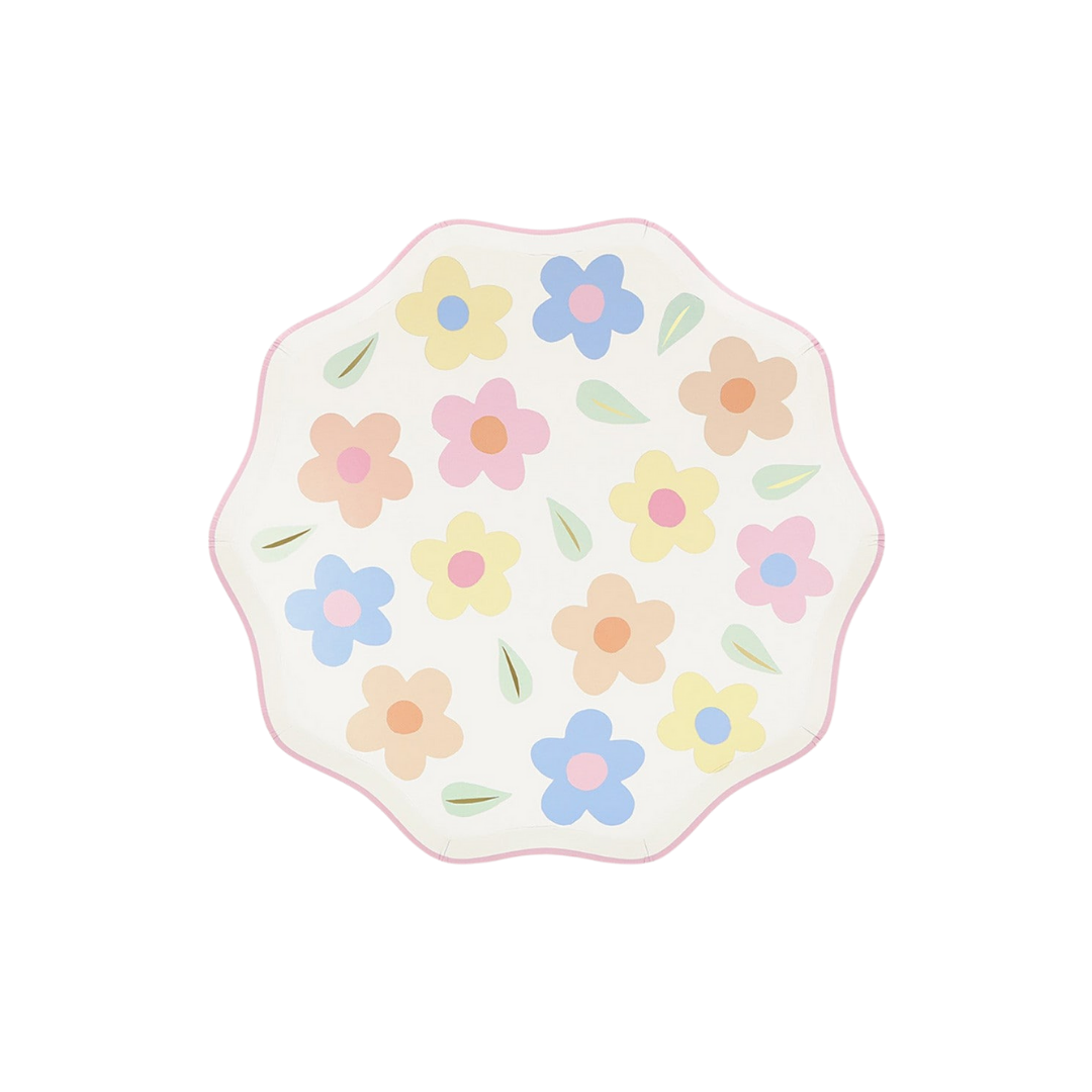 Pastel floral scalloped paper plate with flower print for birthday from Parte Haus party supply store in Bethesda Maryland