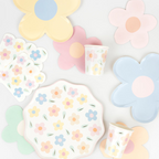 Pastel floral plates cups and napkins with daisy designs spring party from Parte Haus party supply store in Bethesda Maryland