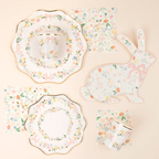 Pastel floral plates cups napkins and bunny plate for Easter from Parte Haus party supply store in Bethesda MD