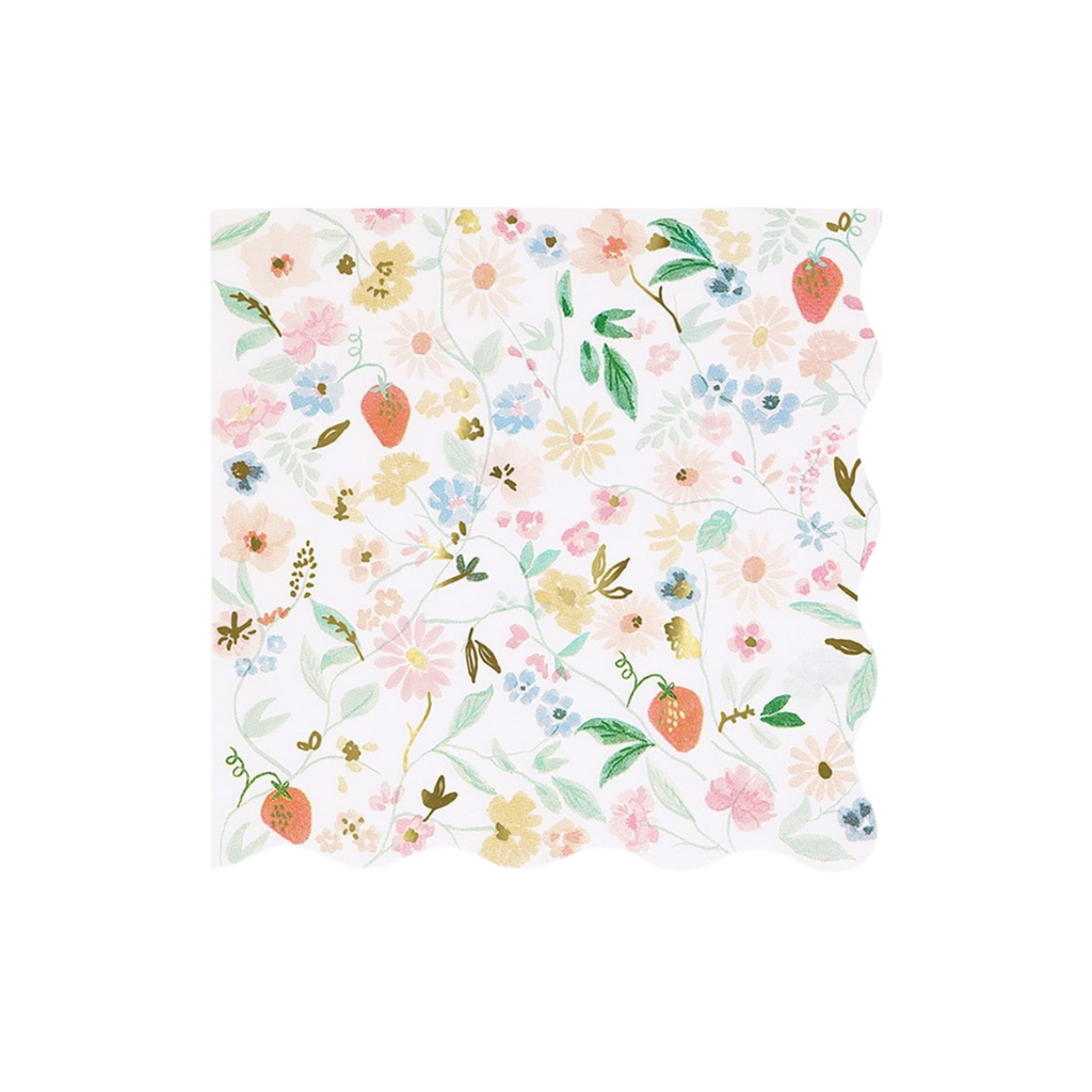 pastel floral and strawberry napkin for spring garden party from Parte Haus party supply store in Bethesda Maryland