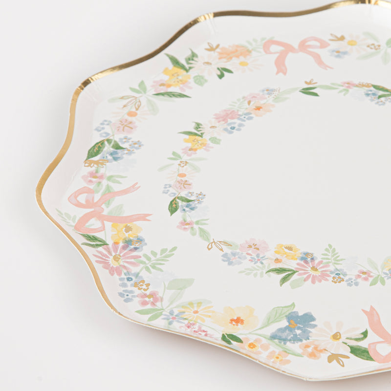 Pastel floral paper plate with gold trim for spring or birthday from Parte Haus party supply store in Bethesda MD.