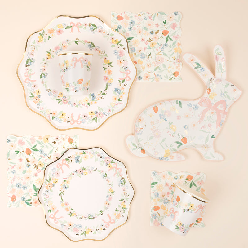 Pastel floral tableware set with bunny shaped plate for Easter from Parte Haus party supply store in Bethesda MD