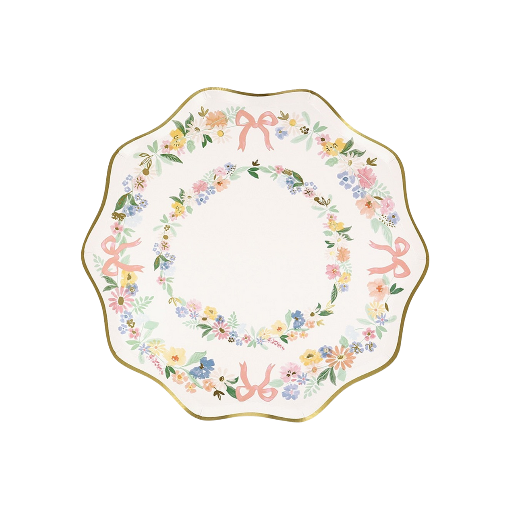 pastel floral paper plate with pink bows elegant spring theme from Parte Haus party supply store in Bethesda MD