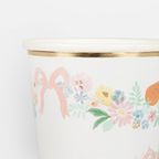 White floral paper cup with gold rim spring party theme from Parte Haus party supply store in Bethesda Maryland