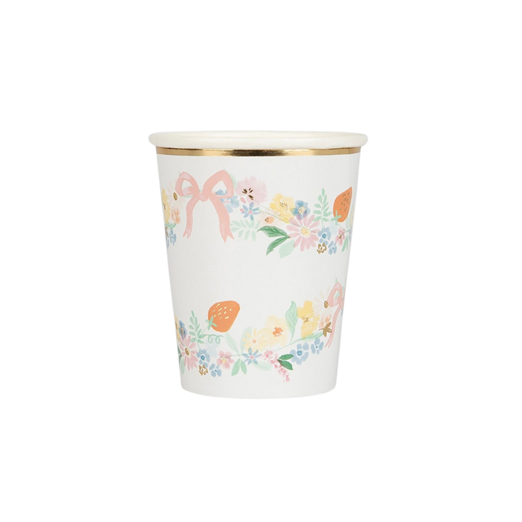 White floral paper cup with pastel flowers and gold rim spring theme from Parte Haus party supply store in Bethesda MD