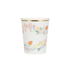 White floral paper cup with pastel flowers and gold rim spring theme from Parte Haus party supply store in Bethesda MD