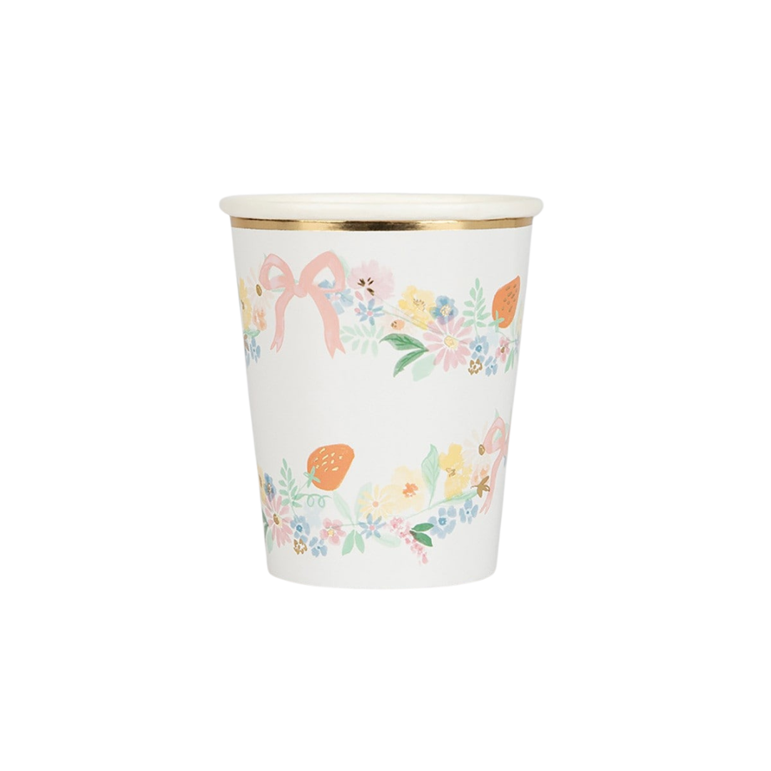 White floral paper cup with pastel flowers and gold rim spring theme from Parte Haus party supply store in Bethesda MD
