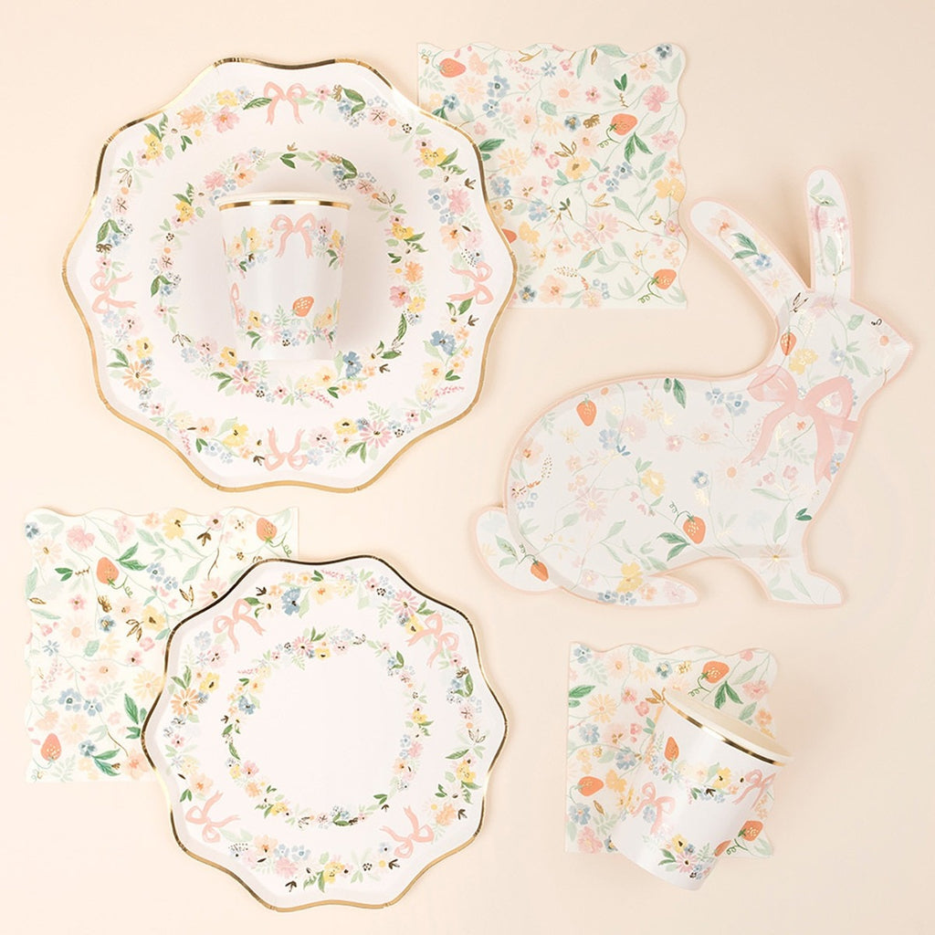Pastel floral plate set with rabbit shaped plate for Easter from Parte Haus party supply store in Bethesda MD