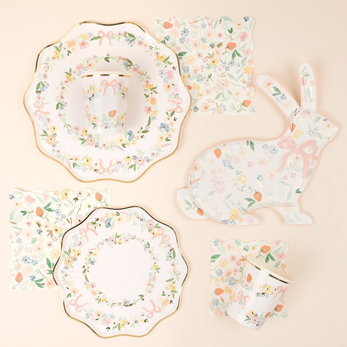 Pastel floral plate set with rabbit shaped plate for Easter from Parte Haus party supply store in Bethesda MD