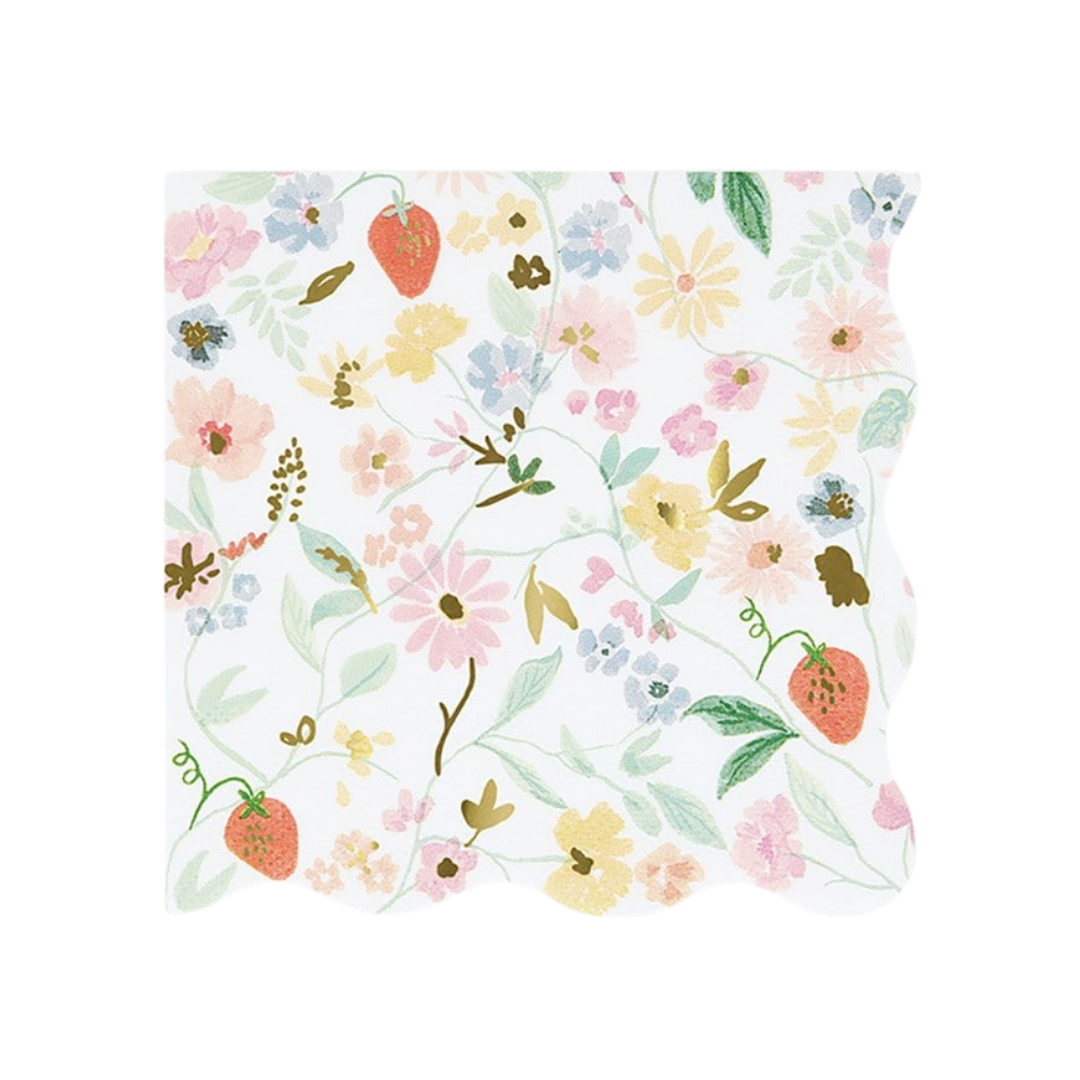 Pastel floral and strawberry napkin with scalloped edge spring theme from Parte Haus party supply store in Bethesda MD.