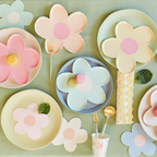 Pastel flower shaped plates and cups for birthday or spring theme from Parte Haus party supply store in Bethesda Maryland