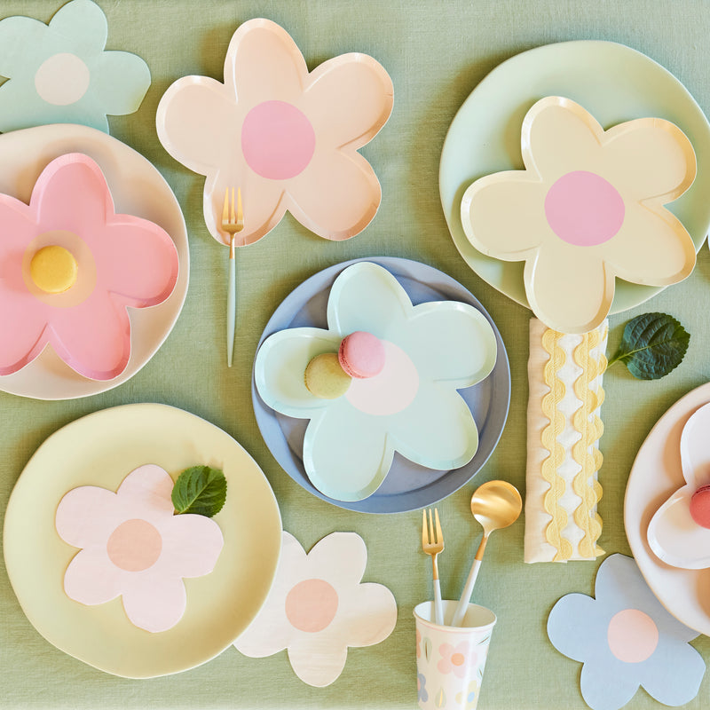 Pastel flower shaped plates and cups for birthday or spring theme from Parte Haus party supply store in Bethesda Maryland