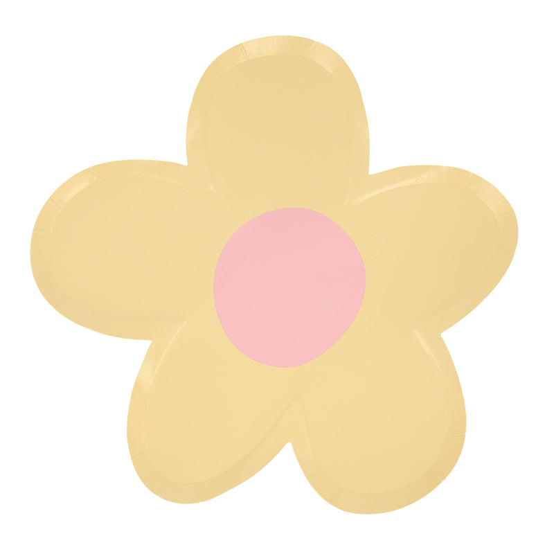 Yellow flower shaped plate with pink center for spring celebrations from Parte Haus party supply store in Bethesda MD.