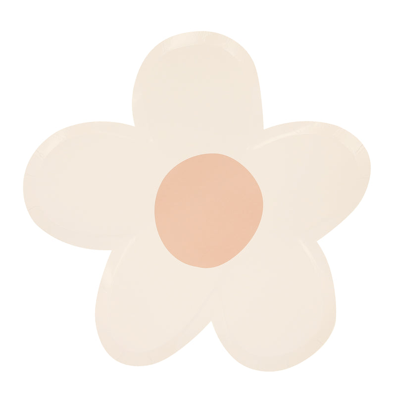 Cream flower shaped plate with peach center floral design for birthdays from Parte Haus party supply store in Bethesda Maryland