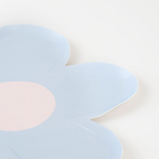 Light blue flower-shaped plate with a pink center for birthday from Parte Haus party supply store in Bethesda MD